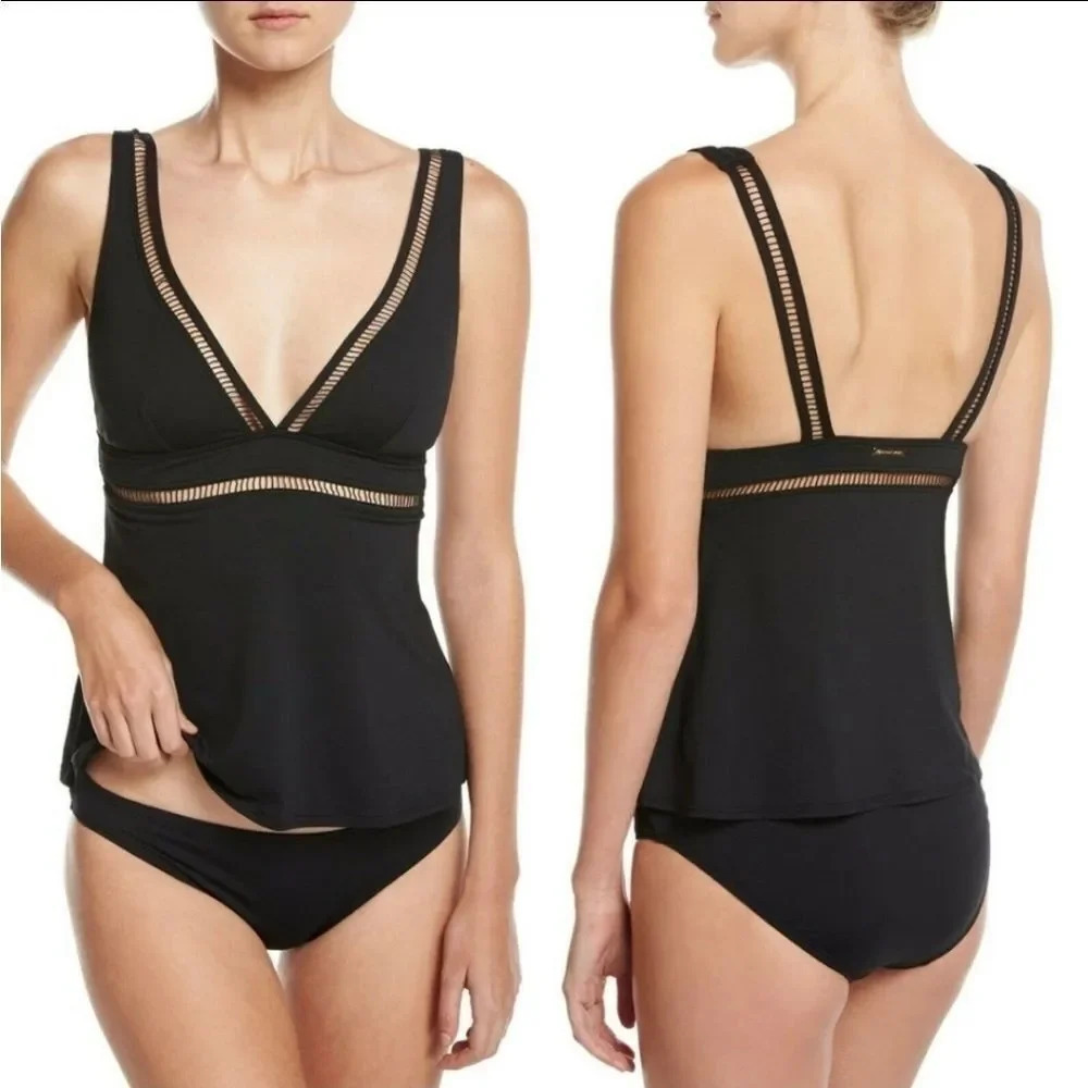 Michael Kors deep V ladder trim tankini top side tie black bottoms size Xsmall